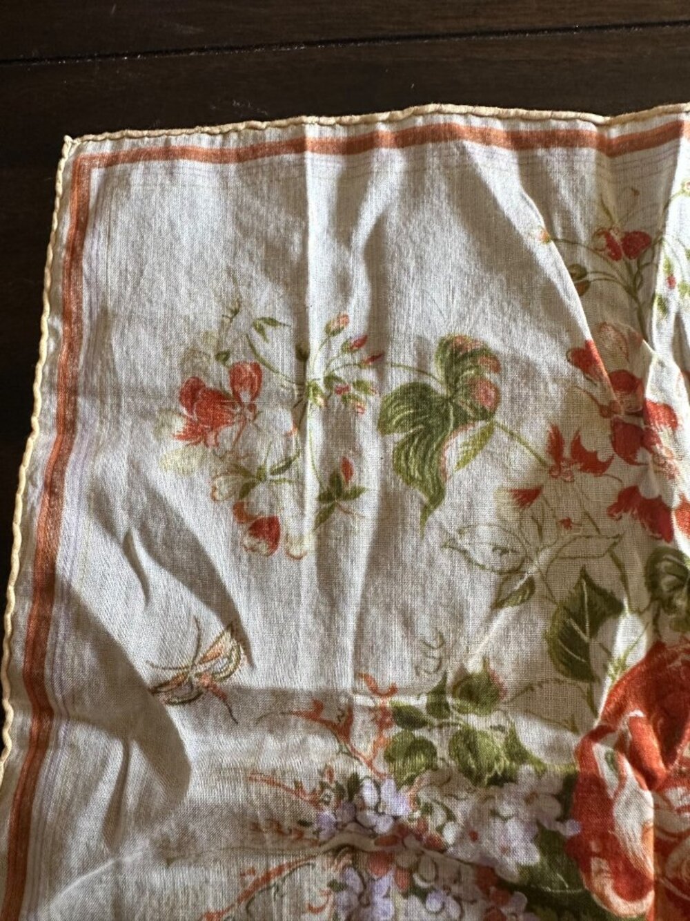 Vintage Flora Stoffels Handkerchief With Orange Roses & Bugs Print - Picture 10 of 16
